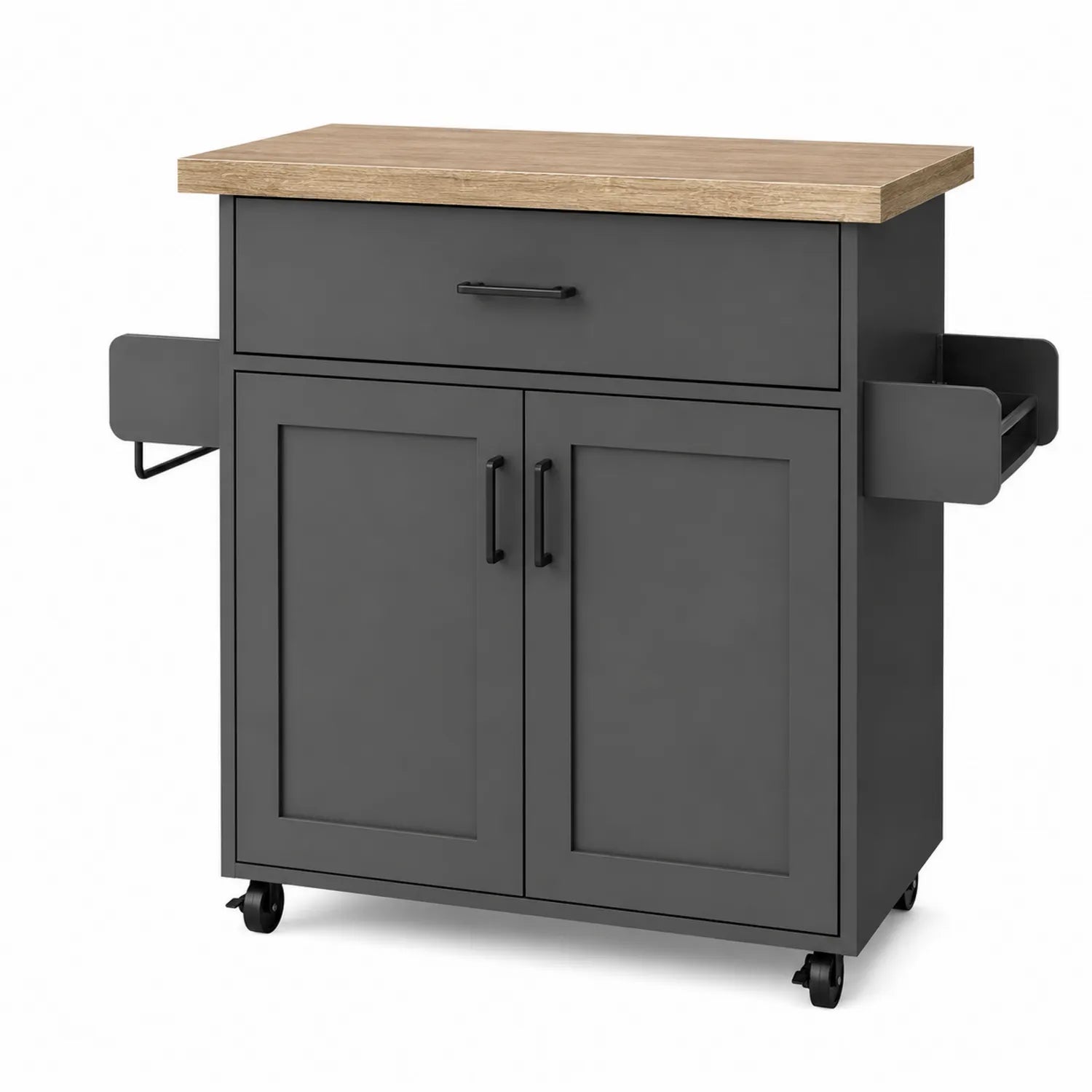 Carrito de Cocina con Encimera de Madera y Armario de Metal con Ruedas