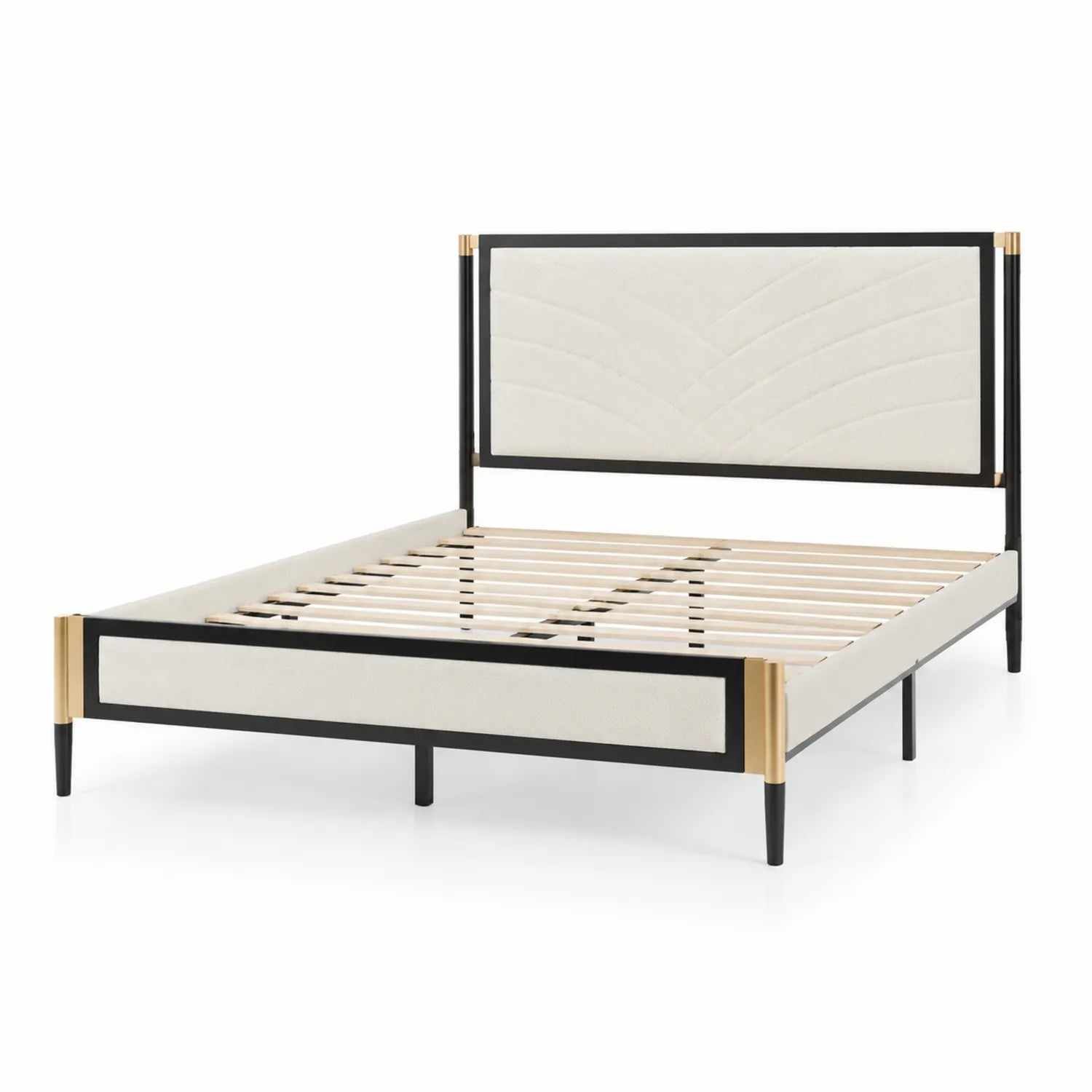Cama de metal con tapizado beige y detalles dorados