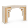 Mesa consola de madera y ratán beige con diseño geométrico