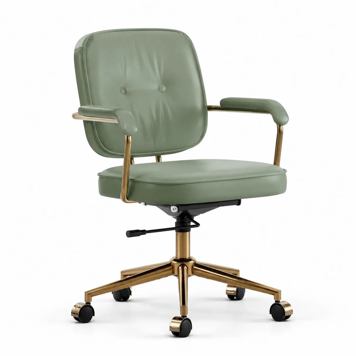 Silla de oficina de cuero PU verde con estructura metálica ajustable