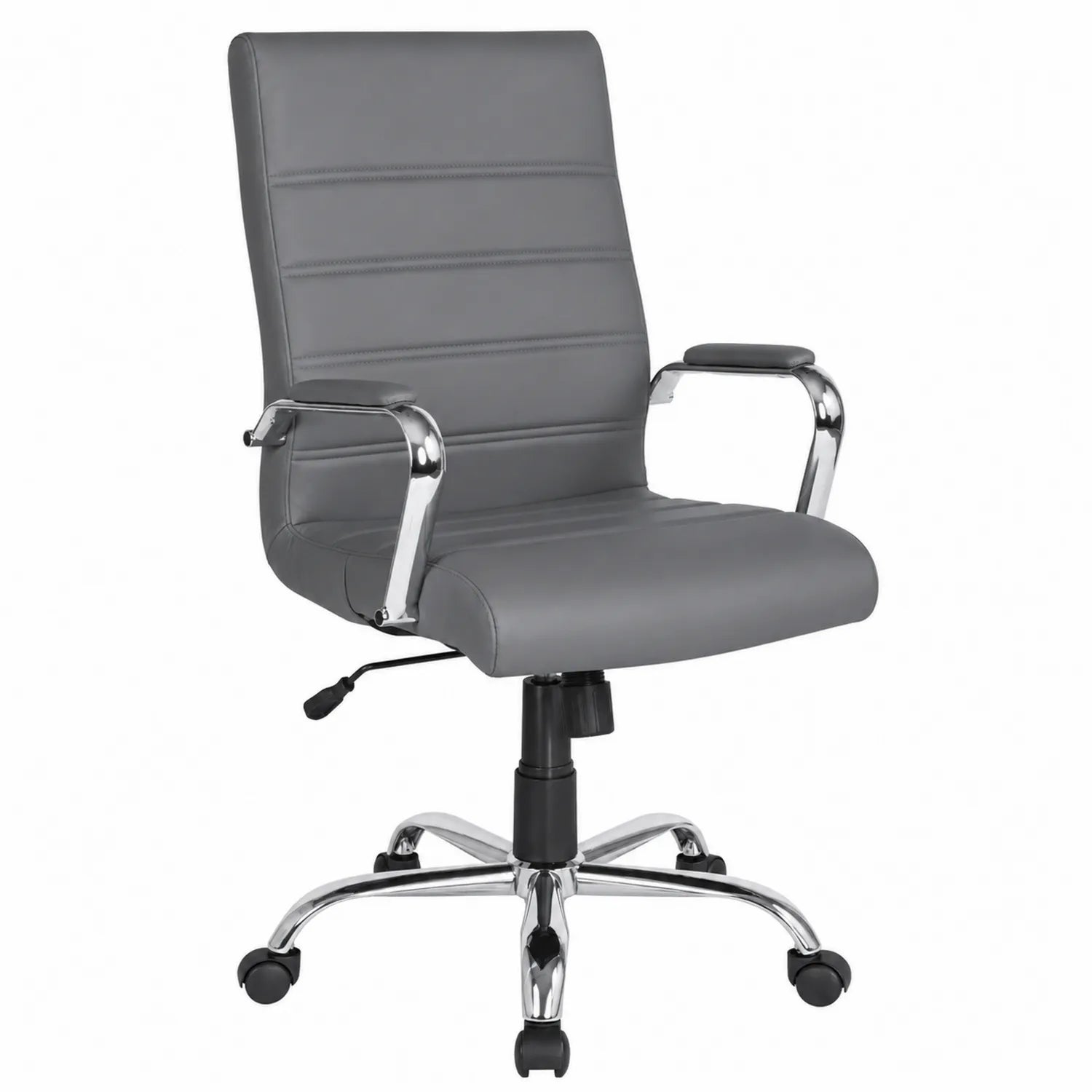 Silla de oficina gris con base cromada y altura ajustable