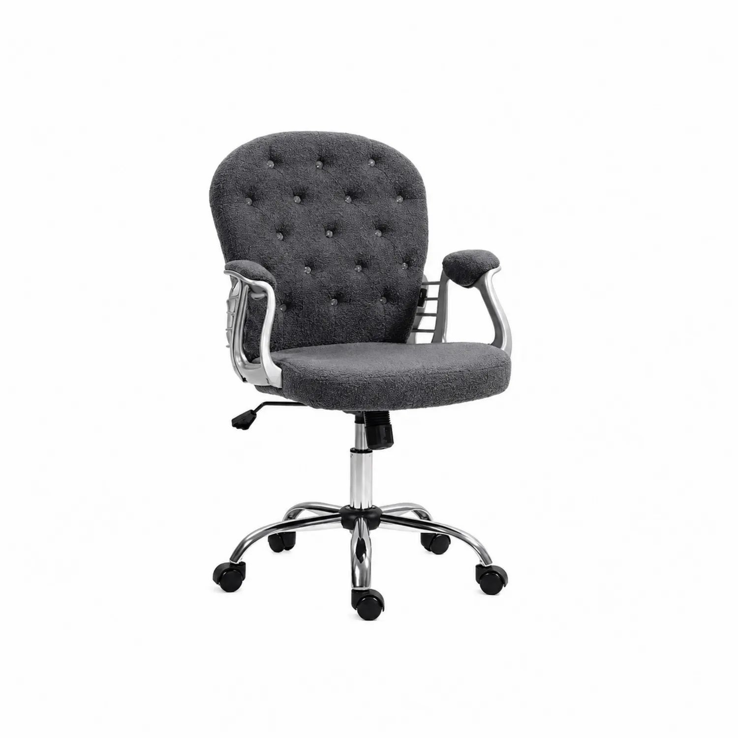 Silla de oficina giratoria de tela gris con base metálica y ruedas