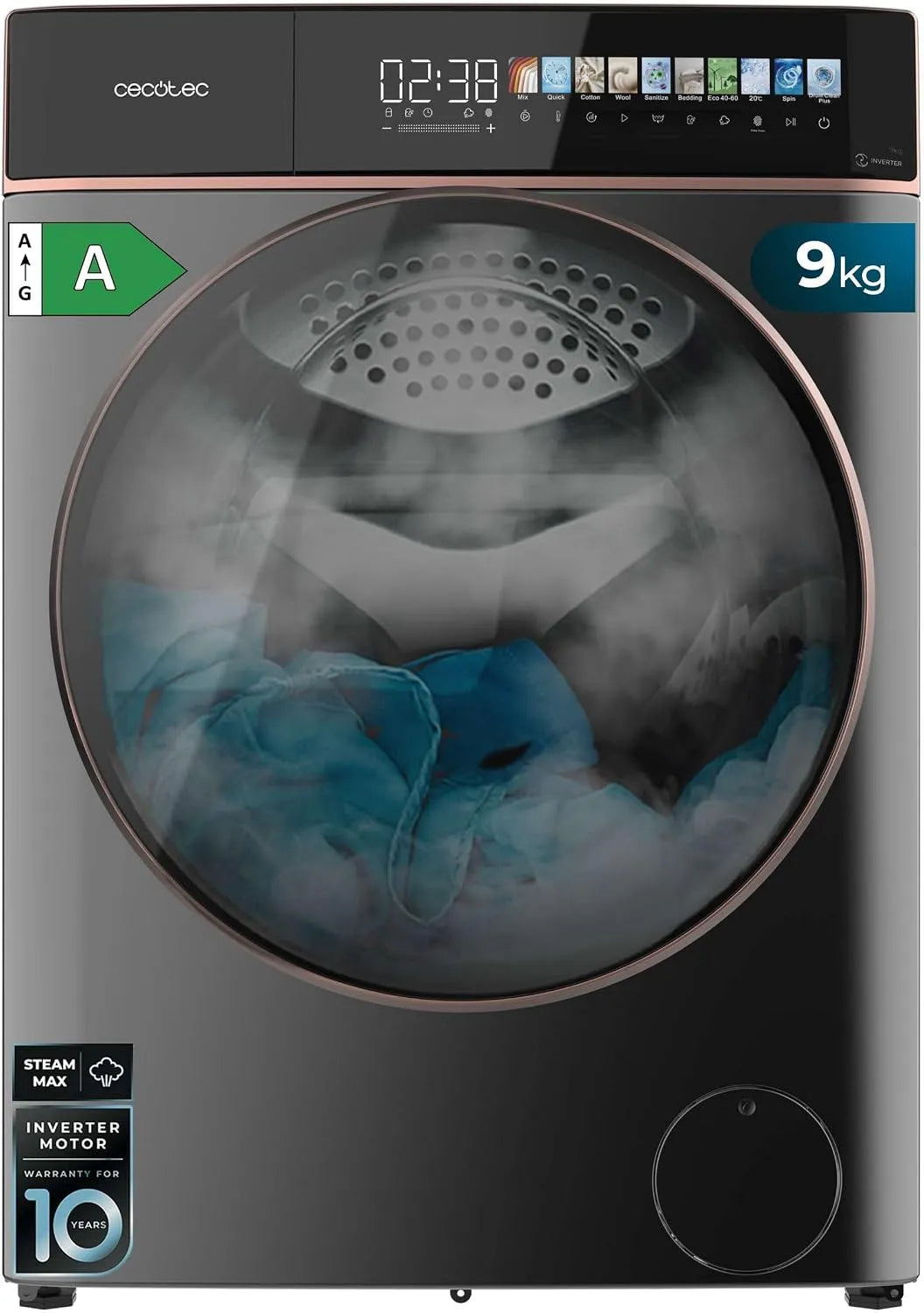 Máquina de lavar aço invertidor Cecotec 9 Kg com ecrã de 10.3' e 11 Programas