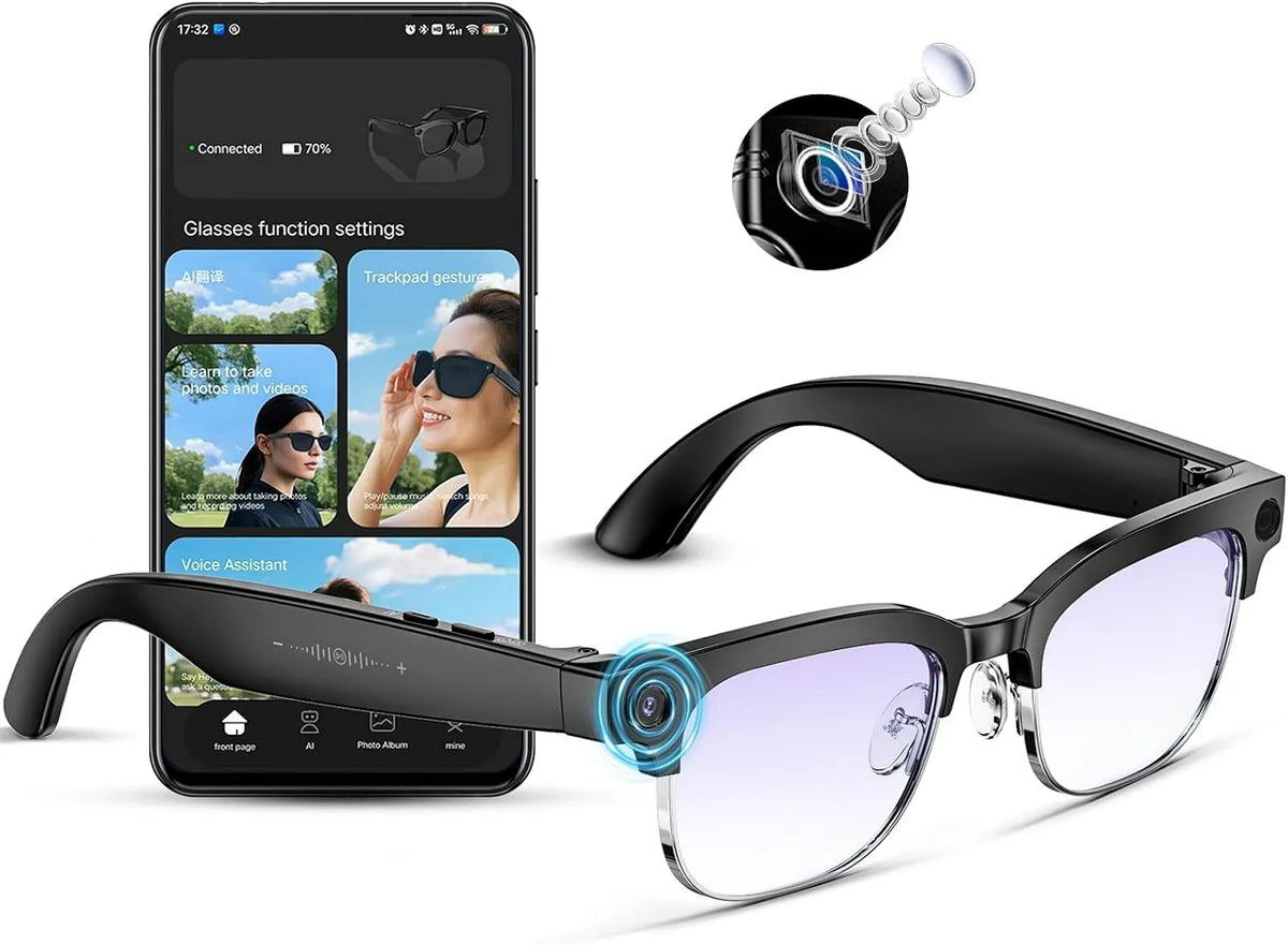 Mingtawn Óculos conectados AI - Câmera 8MP, Chamadas BT, Vídeo 4K, IP66, Luz Azul Anti-Vire