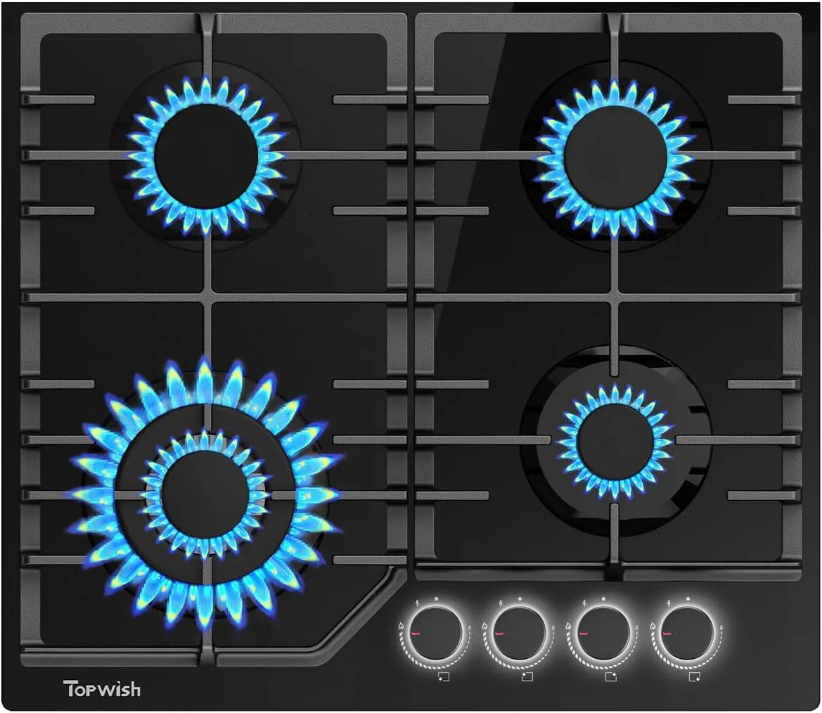 TOPWISH Fogão de gás 4 queimadores 60 cm, botões rotativos iluminados, conversão NG/LPG, extintor de segurança, auto ignição, 8000 W