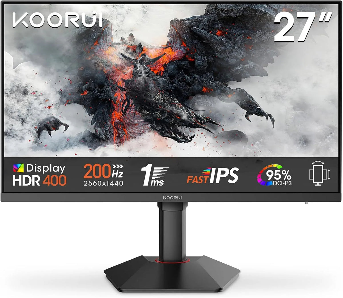 Monitor de jogos KOORUI 27' 200 Hz, QHD 1440P, IPS rápido, 1ms, HDR400, Sincronização Adaptiva, HDMI/DP, Altura ajustável
