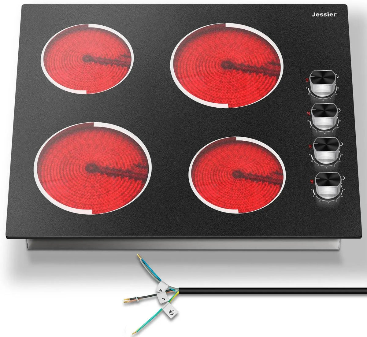 Jessier placa de cozinha vitrocerâmico 60 cm, 4 zonas, 6000 W, controlo rotativo independente, 9 níveis, encastrado, 220 V