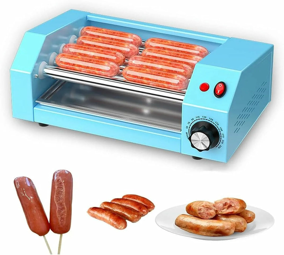 YGHBFRSZ Grelha de cachorro quente, 300 W, 5 rolos de aço inoxidável, temperatura ajustável 50~250 °C