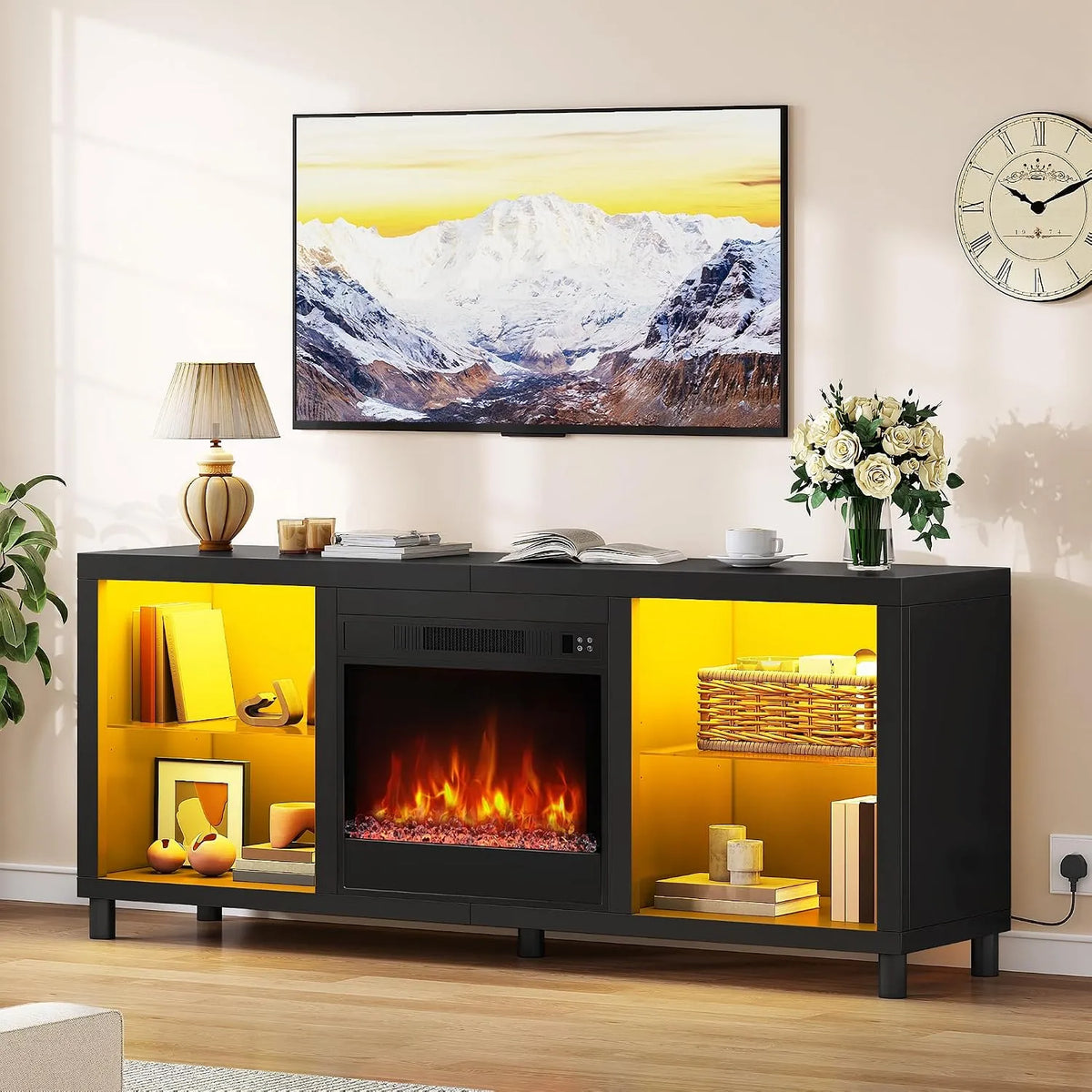 suporte de TV com YITAHOME Lareira elétrica para ecrãs de até 65 polegadas, aquecimento e efeito de chama - comando à distância, iluminação LED, temporizador e termostato (preto)