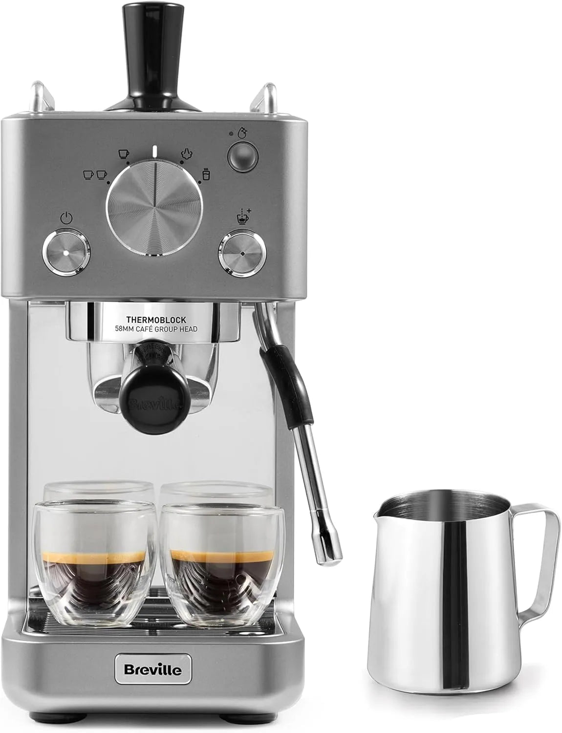 Breville máquina de café expresso compacto com espuma integrada e bomba de 15 bar, ideal para cappuccinos e lattes, prata