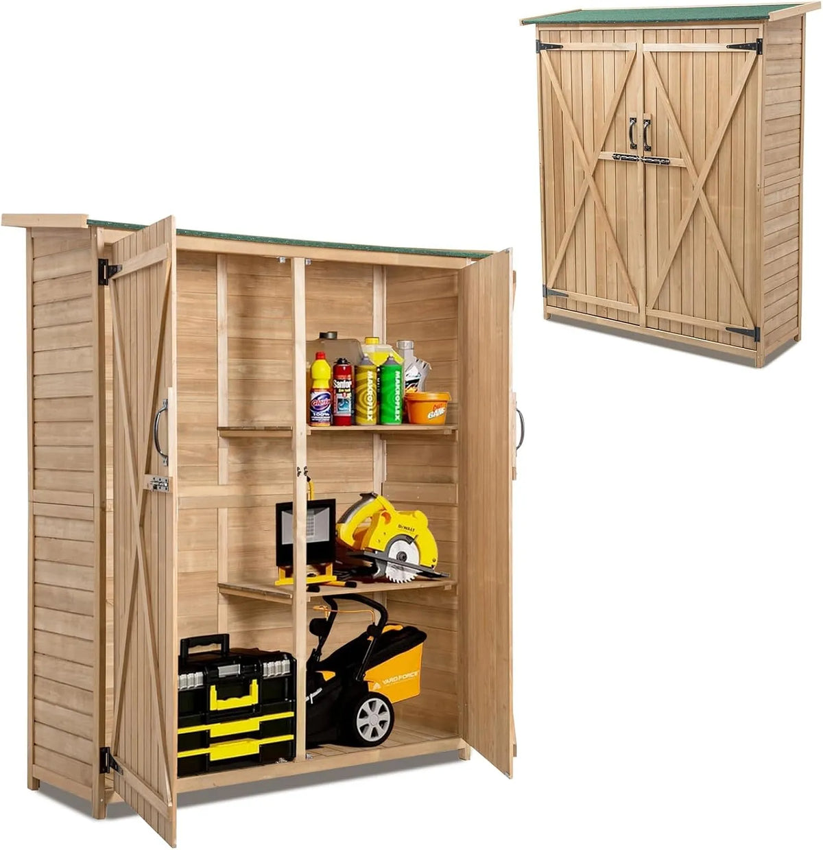 GOPLUS Jardim em Sapin com asfalto revestimento telhado, 140x50x162 CM, duplo bloqueio e prateleira guarda-roupa, Natural