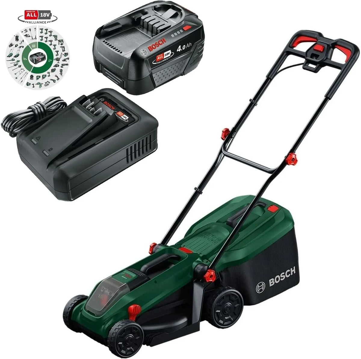 Bosch ROTAK 18 V2-38,38 cm, 30-75 mm, saco 40 L, Mulching, 2 pilhas 18 V, carregador incluído