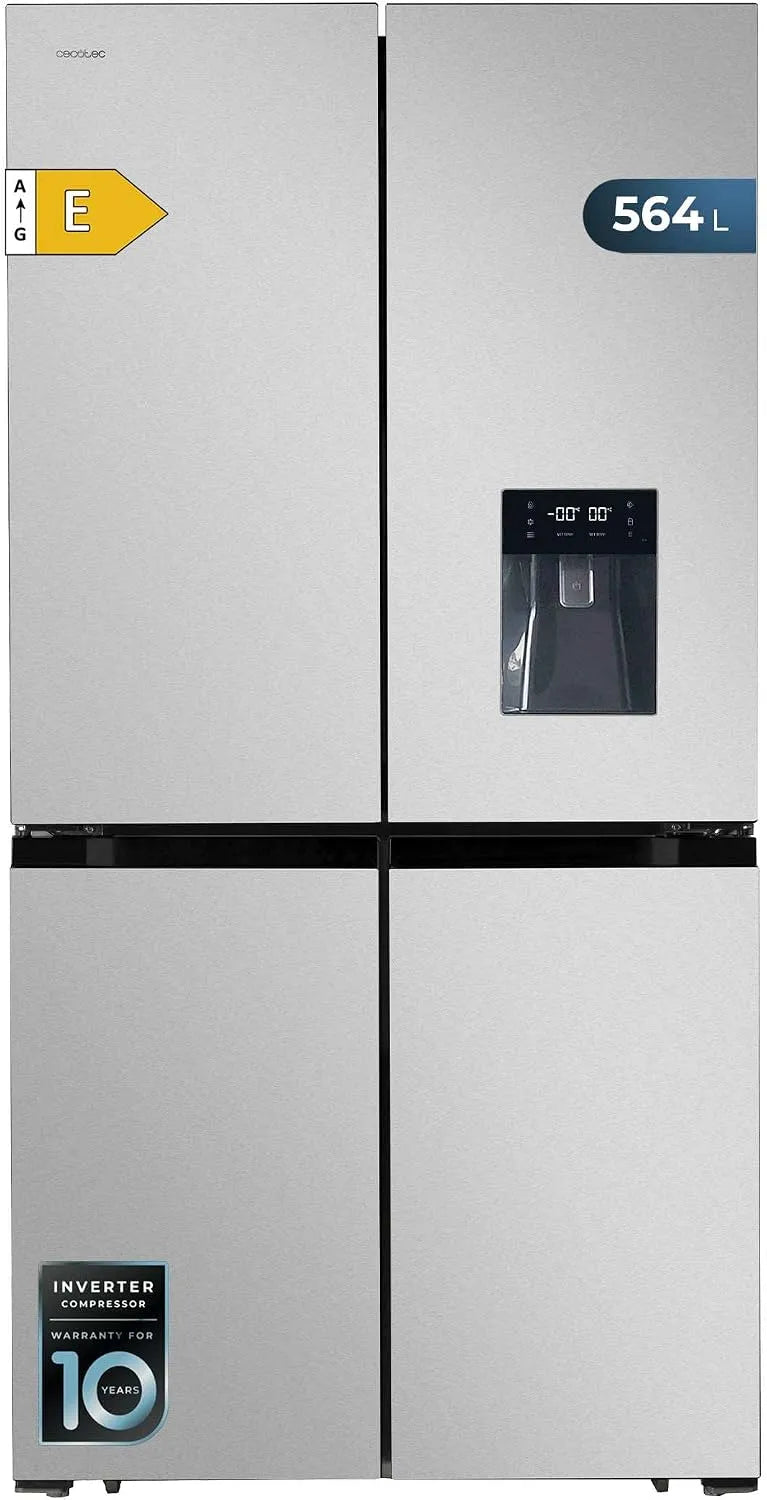 Cecotec American Fridge 4 portas 564 L inoxidável - Bolero Coolmarket 4D 564 aço inoxidável, distribuidor de água, economia de energia, inversor de motor Plus, NoFrost total