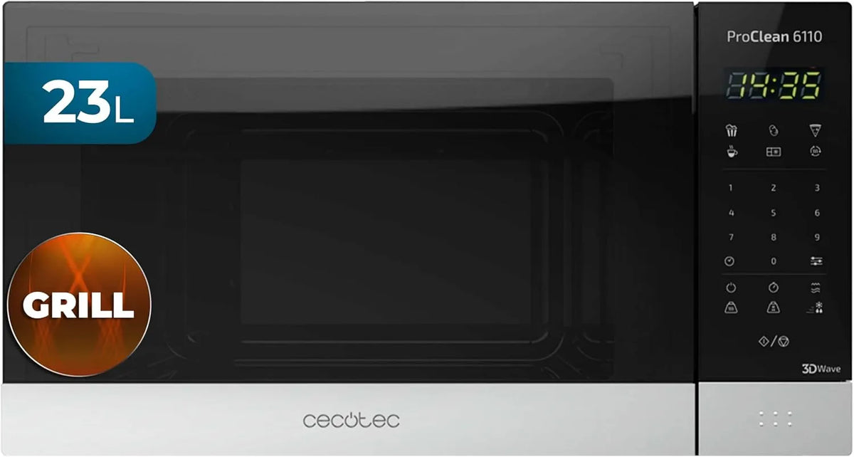 Microondas Cecotec 23 L com grelhador, Tecnologia 3DWave, Ecrã LED, Preto e Aço Inoxidável