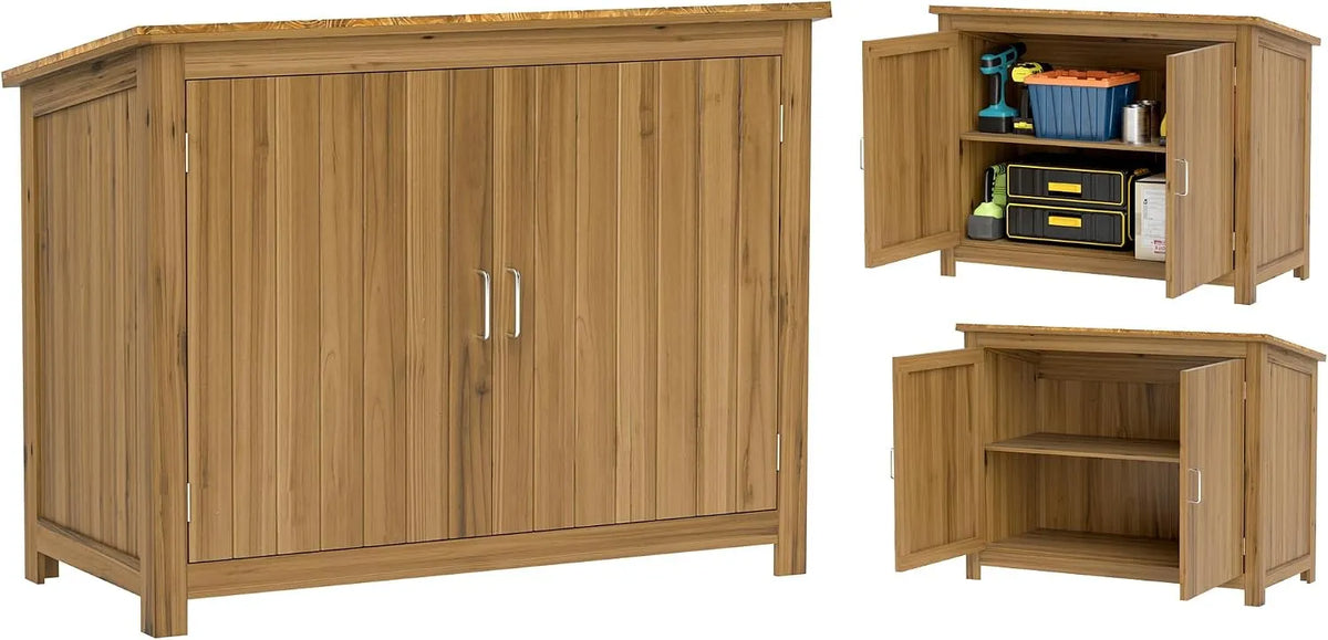 Outsunny Abrigo de jardim de madeira com telhado forrado e prateleiras, ferramentas exteriores guarda-roupa resistente