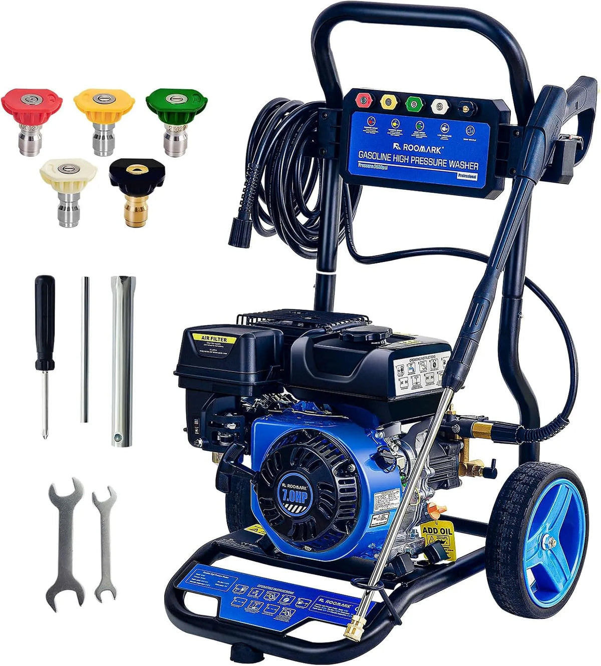 Roomark máquina de lavar de alta pressão 248 Bar, 210cc motor a gás, 590 L / h taxa de fluxo, 8m tubo, 5 bocais para jardim e veículo