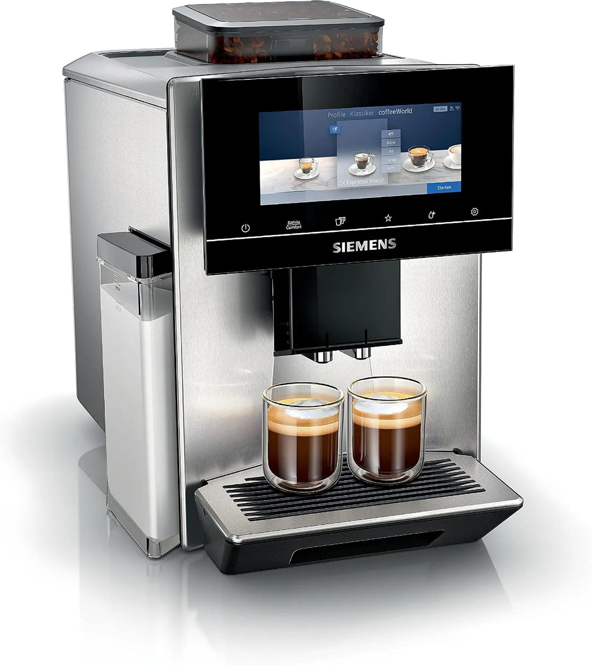 Máquina de café automática SIEMENS EQ900 com ecrã sensível ao toque e aplicação, modo barista, AromaBoost, moedor premium, limpeza a vapor, 1500 W de aço inoxidável
