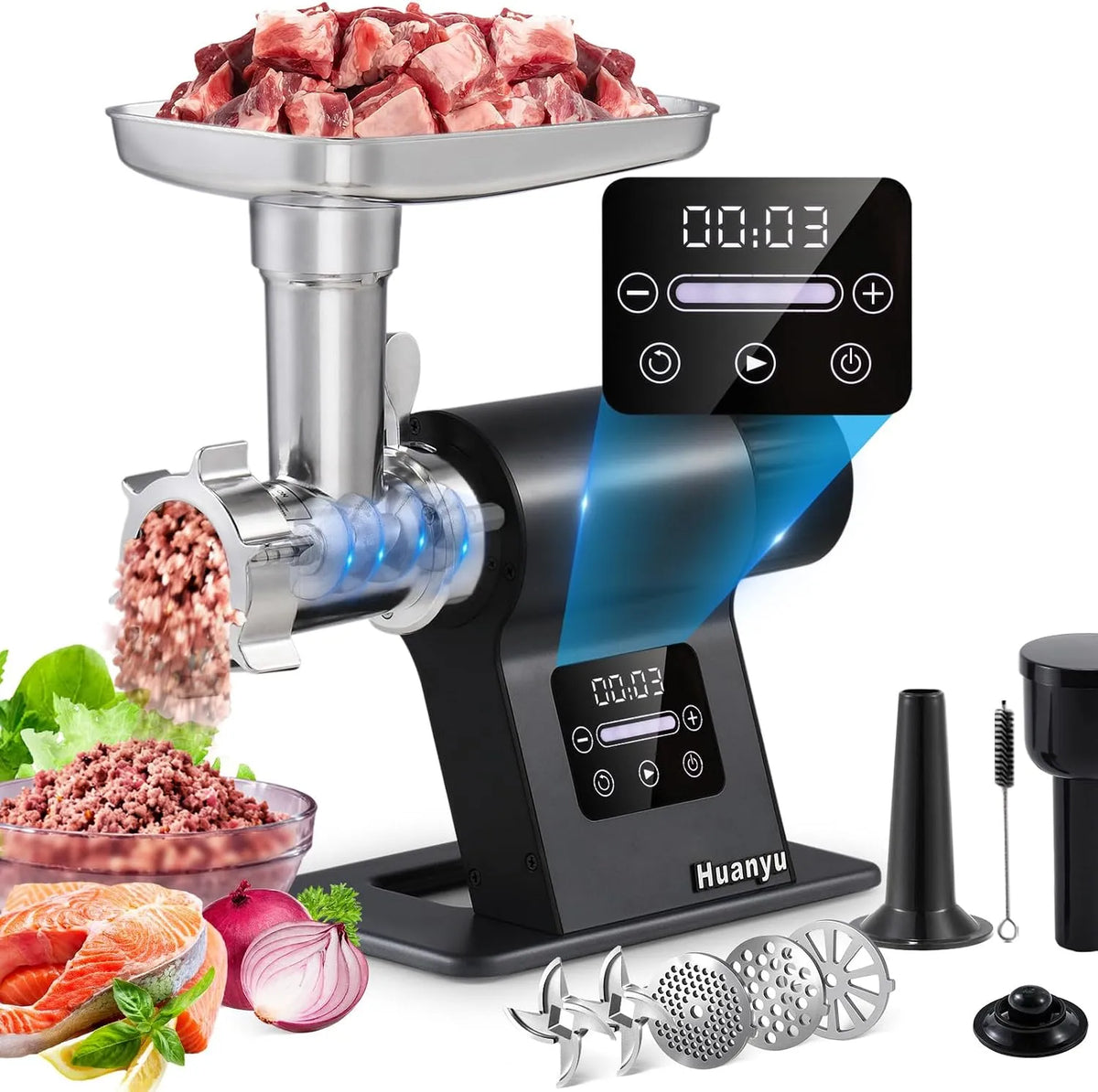 Huanyu Eléctrico Meat Hatcher 2000 W com ecrã tátil, multifuncional com 2 lâminas e 3 grades