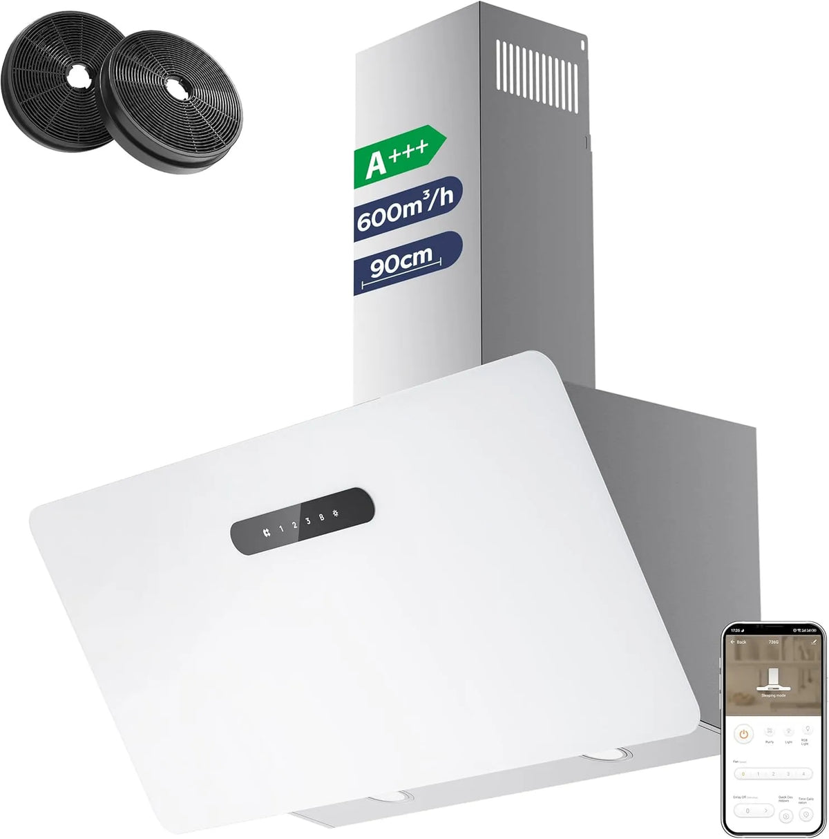 CIARRA exaustor Inclinada 90 cm 650 m³/h CIRRA - Classe A+++ - Filtro de Carbono e comando tátil Incluído, 3 velocidades com Boost, Iluminação LED Variável