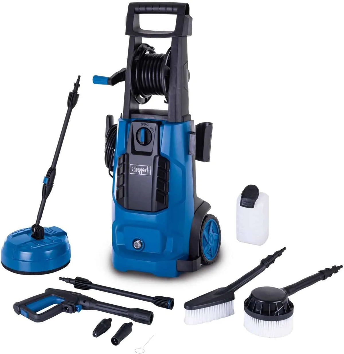 Scheppach HCE2800,180 bar, 480 l/h, 5 m afastador, depósito de detergente, acessórios incluídos