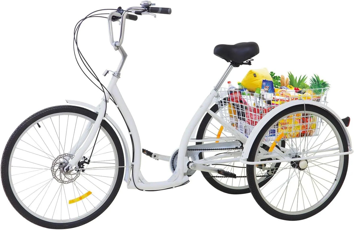 CHERIREN Bicicleta de 26' triciclos adulto com 6 velocidades, projeto retro, estrutura de aço e cesta de transporte