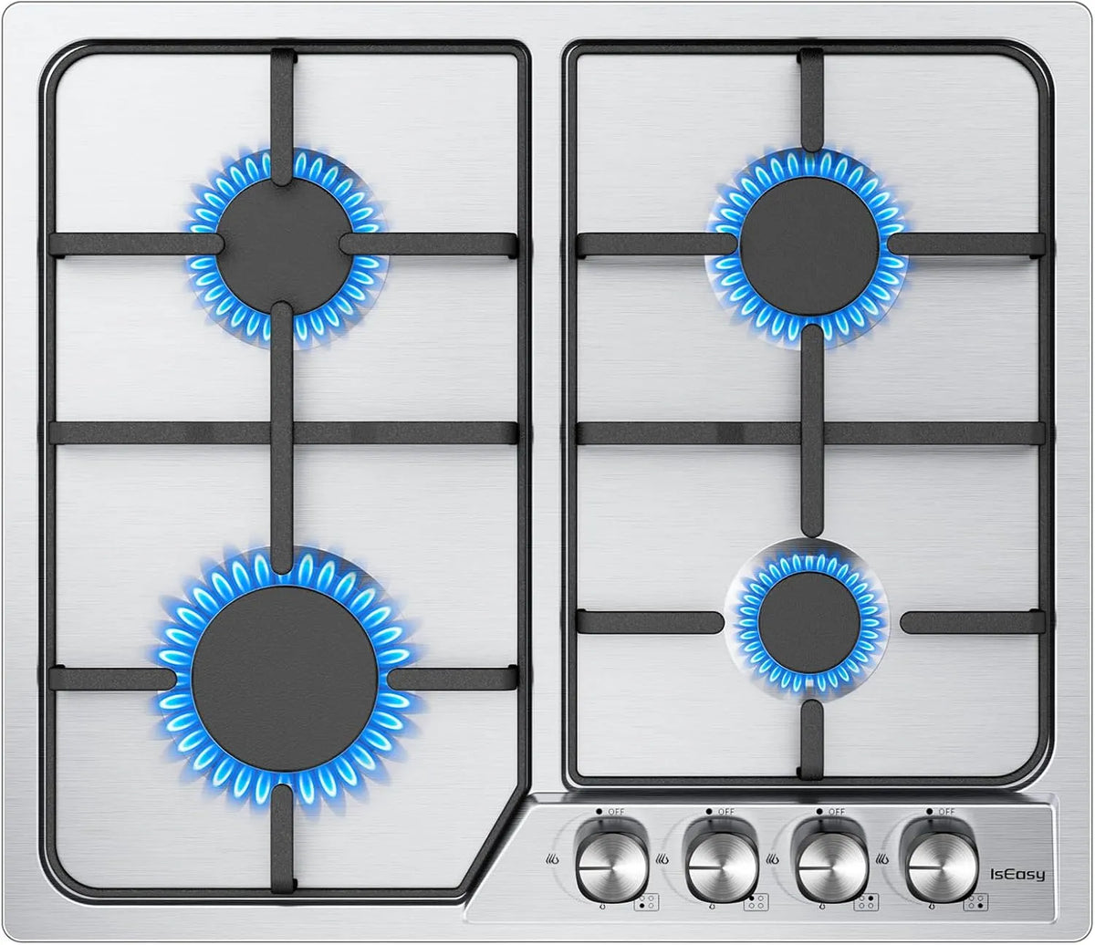 IsEasy Placa de cozinha de gás fácil 4 zonas de aço inoxidável, encastrado com suportes de fonte, gás e garrafa da cidade compatível, 7200 W