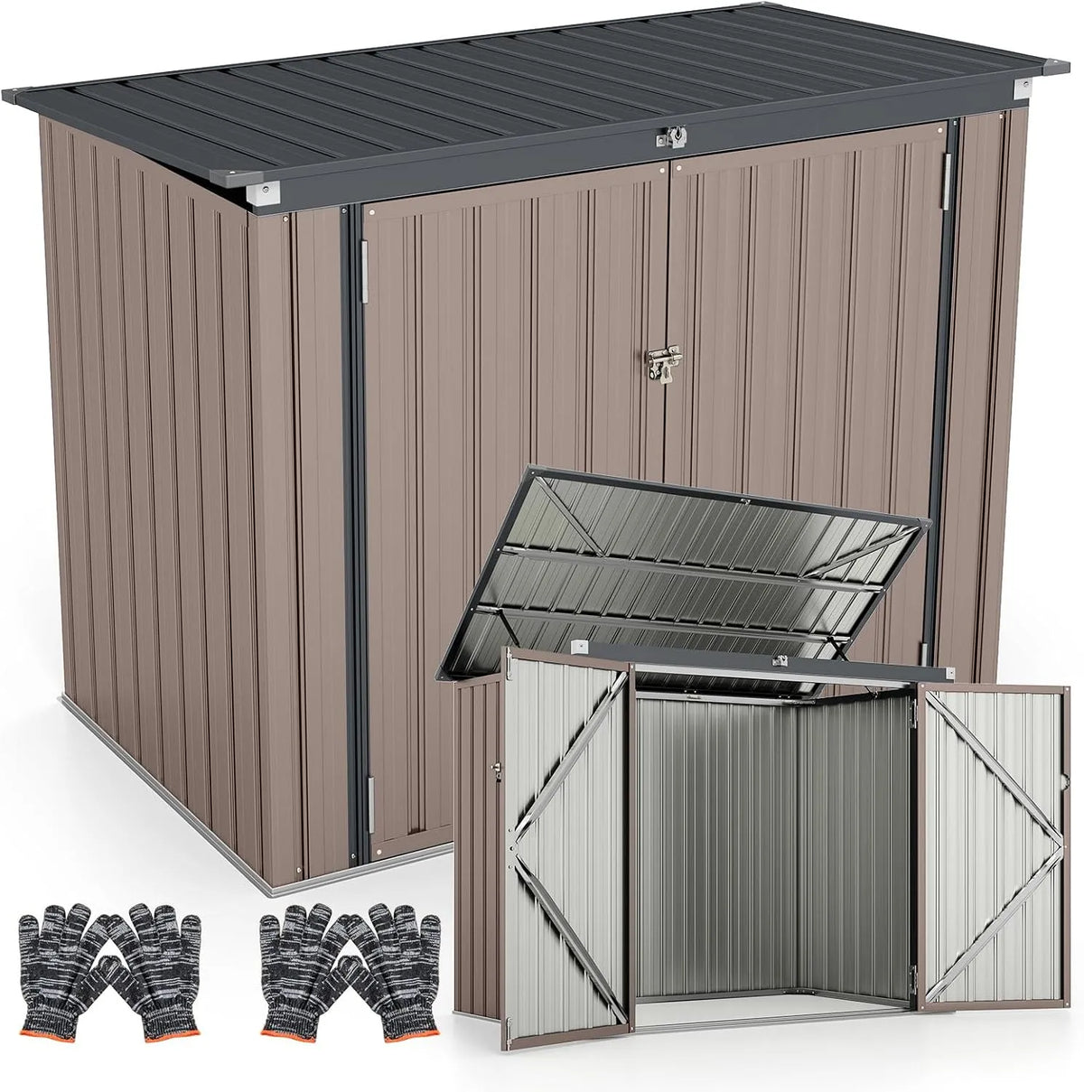 RELAX4LIFE Abrigo de jardim metálico com portas duplas e telhado lavável, Galvanizado aço ao ar livre desconto para ferramentas e bicicletas, 172x100x129 cm, Brown