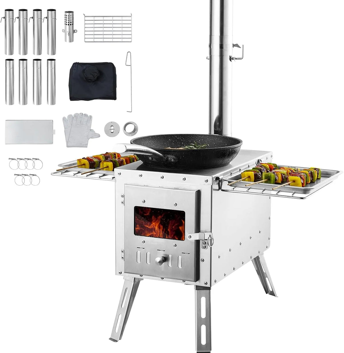 VEVOR fogão portátil de madeira de aço inoxidável, 218 cm, com 8 tubos e luvas, ideal para acampar e cozinha exterior