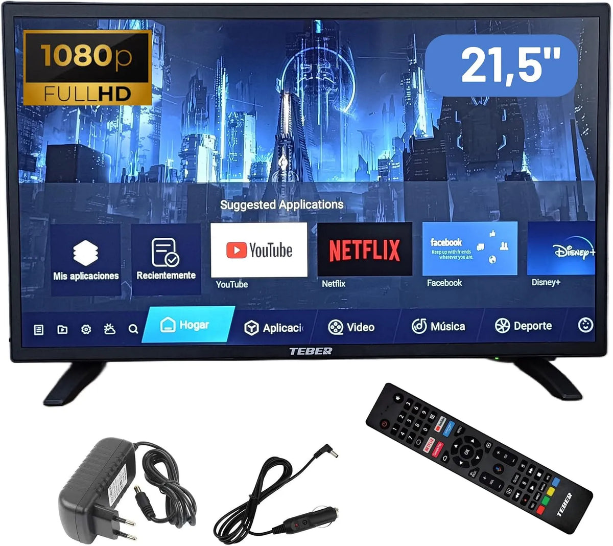 TEBER Smart TV Android 21,5' Full HD com DVB-S2/C/T2,12 V/230 V Adaptador para autocaravanas, Caravanas e Barcos