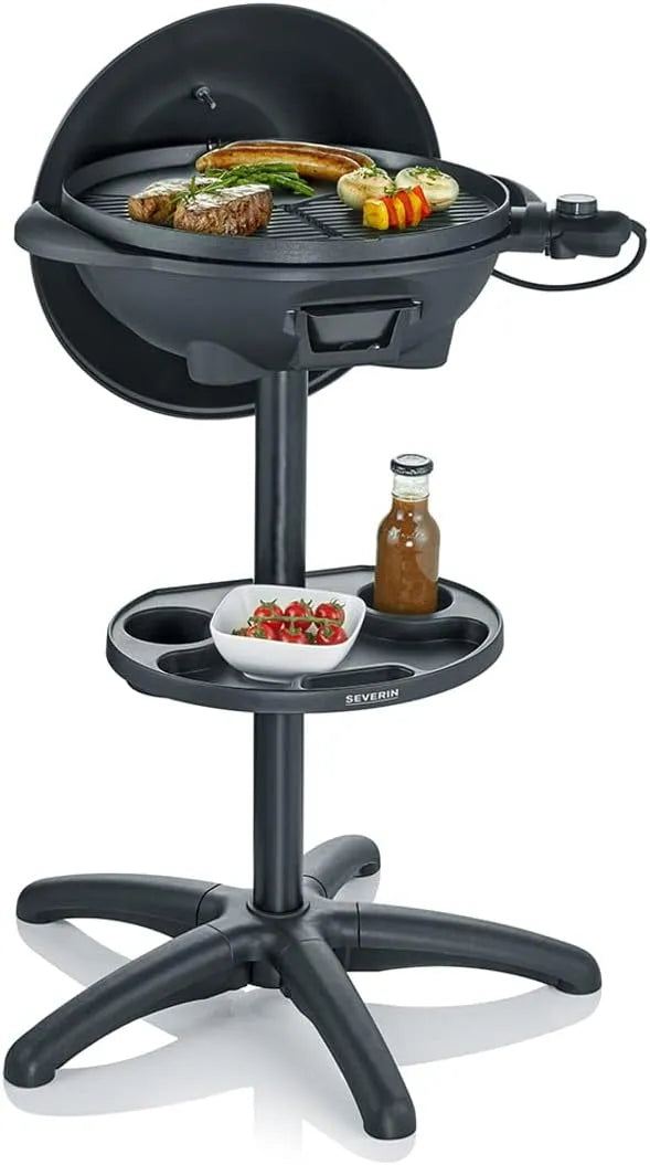 Severin 2000 W Churrasco elétrico com grelha de fontes, em pés, tampa e termômetro, grande superfície de cozinha suave e chuvisca, PG 8541, Preto