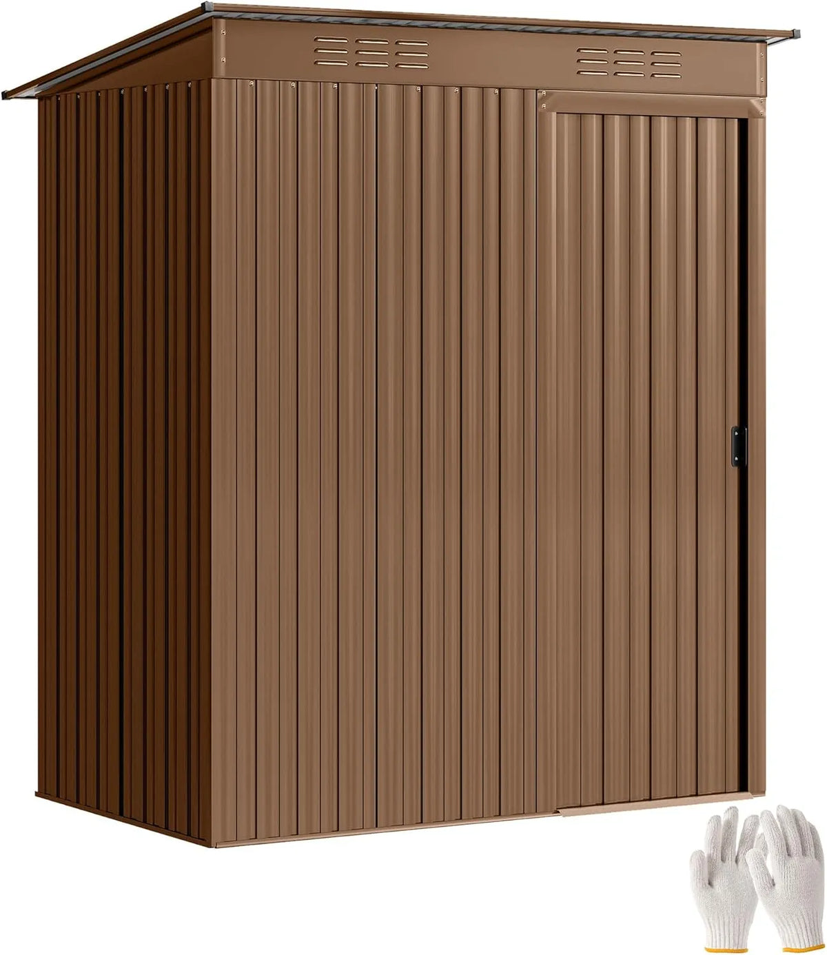 Outsunny Cabine de jardim feita de metal 1,37 m², Fácil de montar, Armazenamento com Ventilação e Porta Deslizante, Telhado forrado, 159 x 106 x 181 cm, Castanho