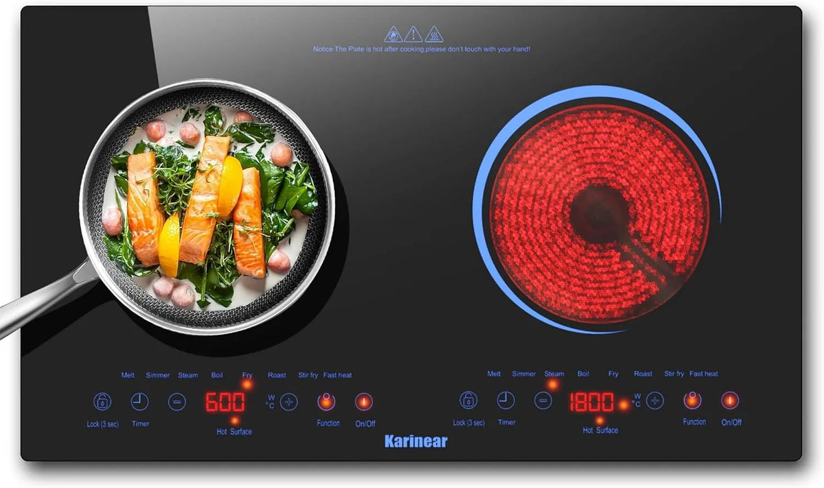 Placa de cozinha Vitrocerâmica Portátil 2 Casas, Karinear - Design Azul, Timer e Segurança Infantil, 220-240 V