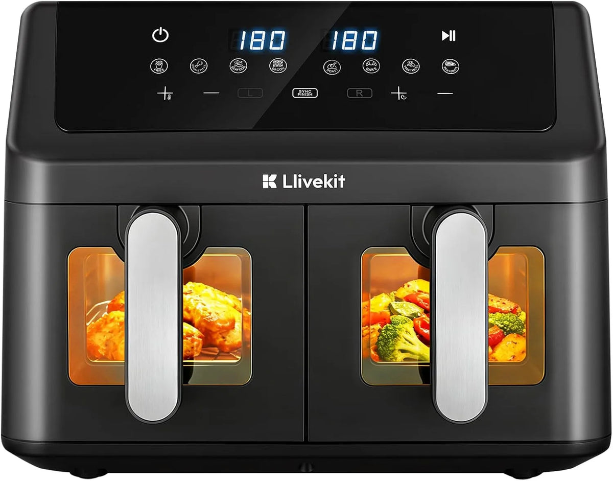 Air Frymaker XXL LLIVEKIT 9 L, 4D Air Traffic, Oil Free, Dual Zone 2x4,5 L, 8 Programas, Economia Energética, Preto