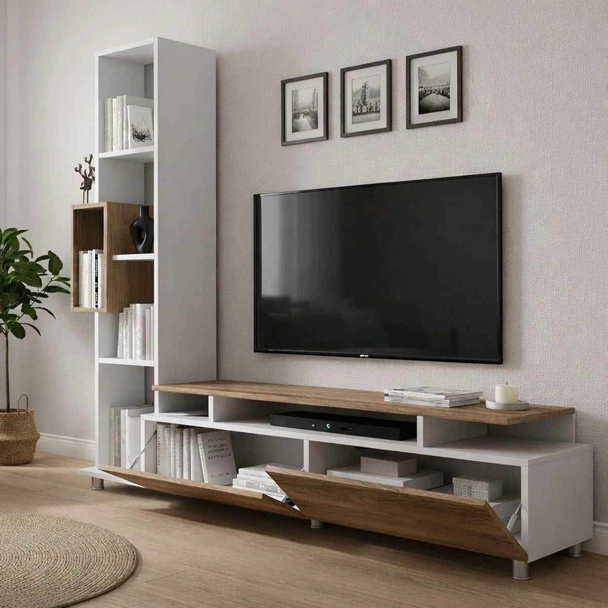 Dmora DECOWISE - Conjunto de móveis de parede para salão, suporte de TV Polivalente, 160x30x167 cm, branco e acabamento noz