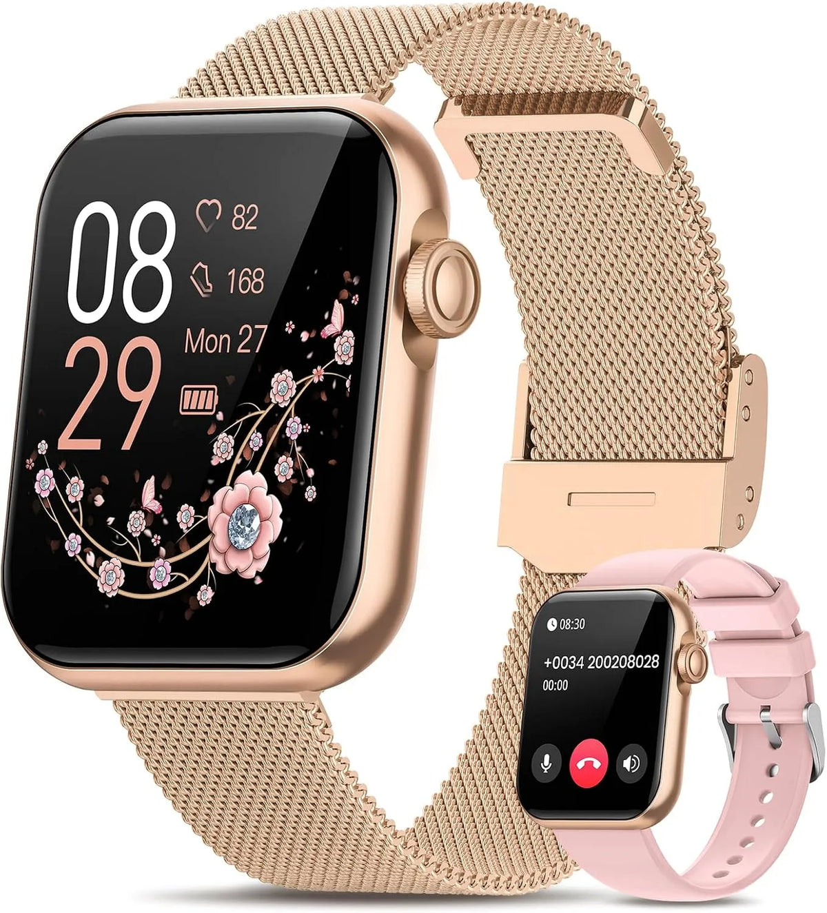 RUXINGX Relógio feminino inteligente com chamada, 3 pulseiras, rastreamento de saúde completa, vários modos de esporte, resistência à água IP68, iOS Android Compatível, Ouro rosa