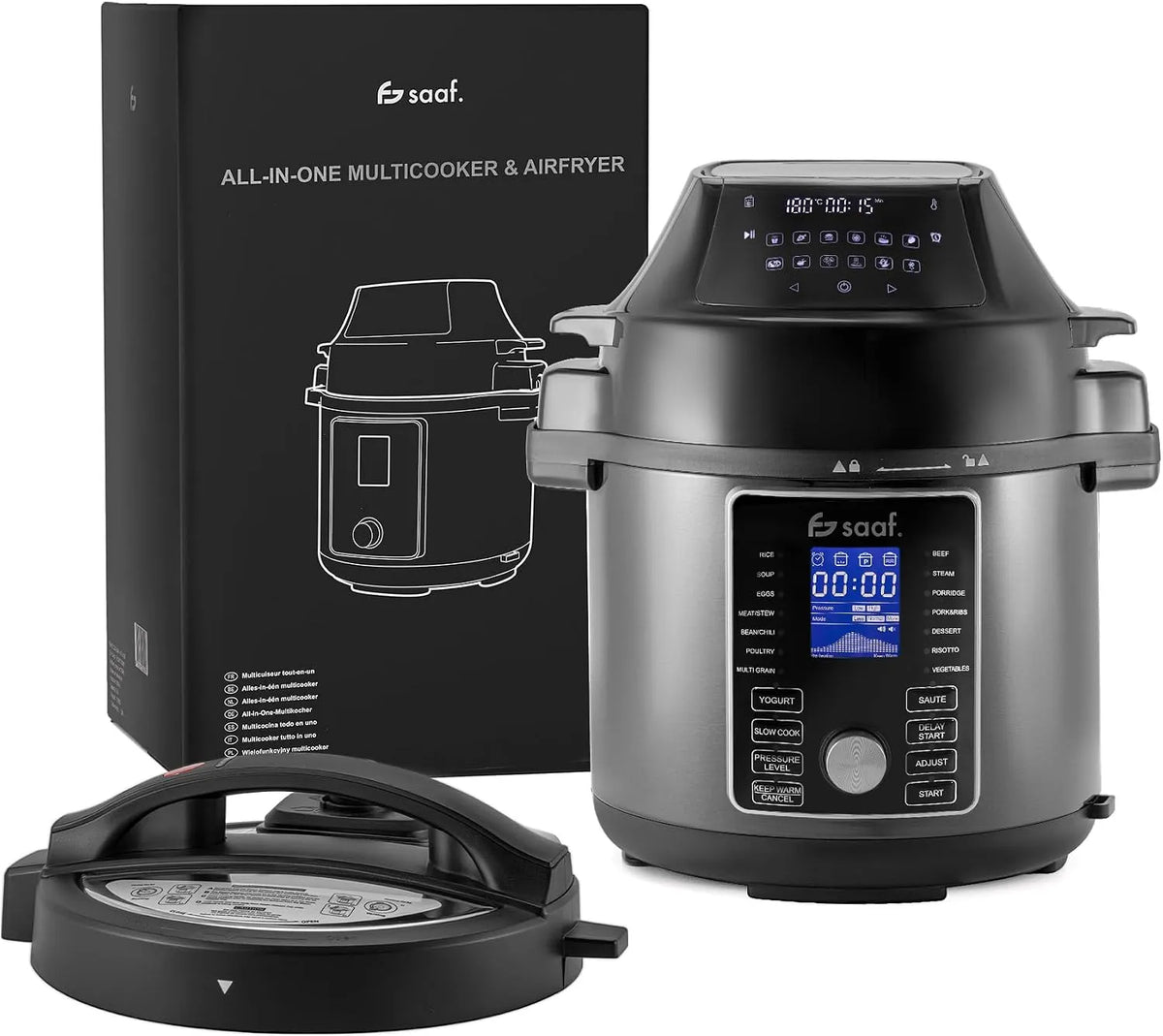 saaf Multi-cooker 6 L com Airfryer - 24 Programas - 15 Peças Incluídas - Ecrã Tátil e Livro de Receitas