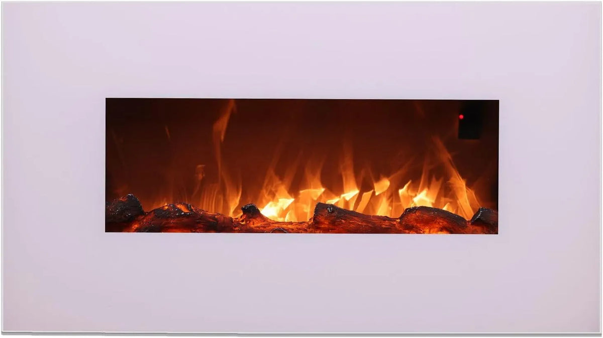 Sined Lareira de parede branca em aço e vidro 1500 W com efeito de chama LED e comando à distância, 6 intensidades, 98 cm