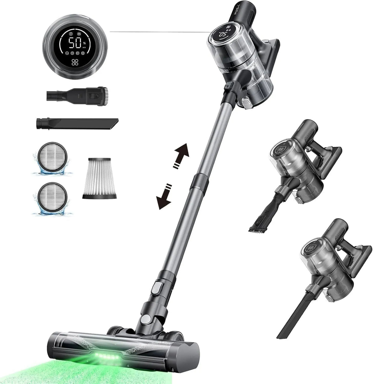 Proscenic P13 Vacuum Wireless Broom, 550 W Poderoso com ecrã LED, tubo ajustável, escova anti-tangulo, 45 Min Autonomia