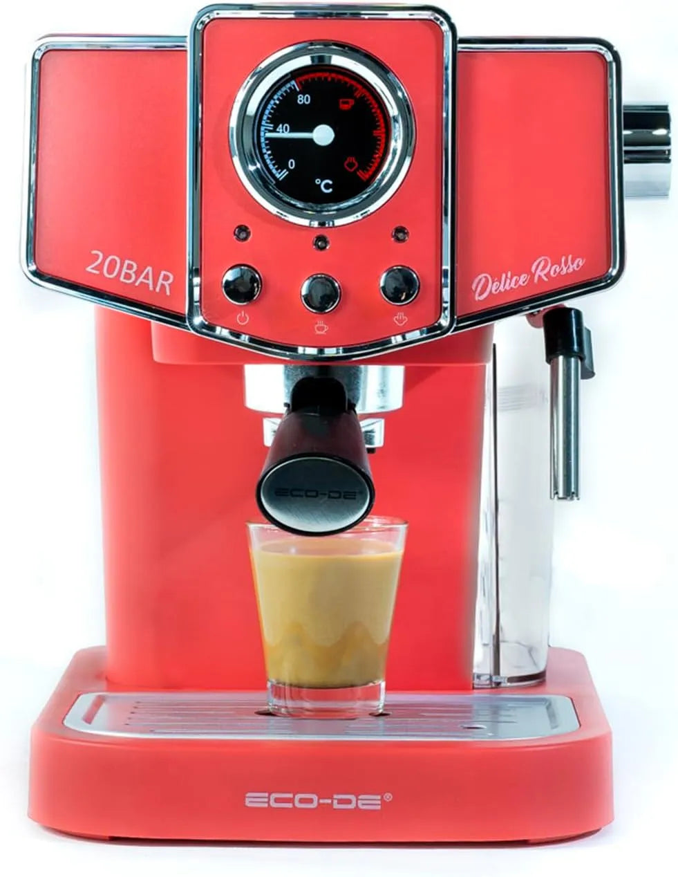 ECO-DE Espresso ECODE® Cafeteira Delice Rosso, Hidratante encastrado de Leite, Semi-Automático, 20 Bares, Reservatório 1.5 L, Dose Mono/Duplo, Medidor de Temperatura