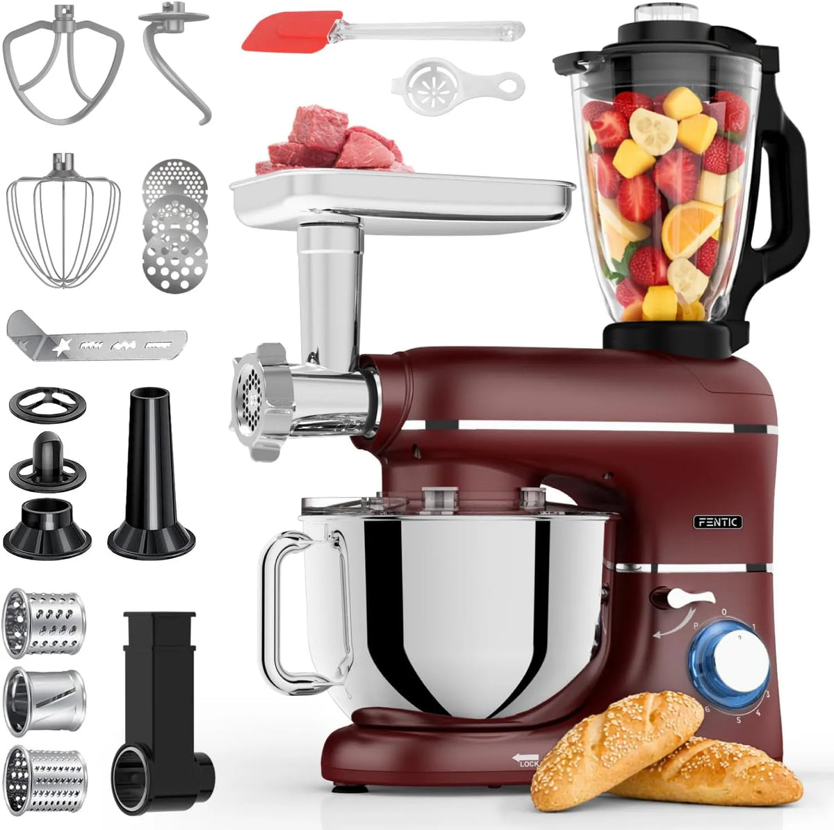 Fentic Robot de cozinha 6-em-1 multifunções 2000 W com Bol 6.2 L e acessórios (Vermelho)