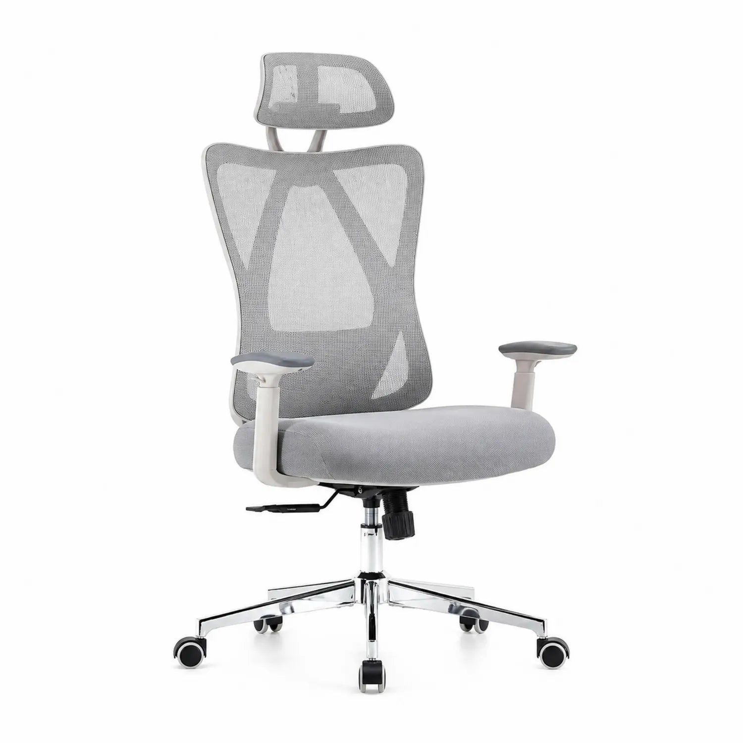 Silla de Oficina de Malla Gris con Base Cromada y Reposacabezas Ajustable
