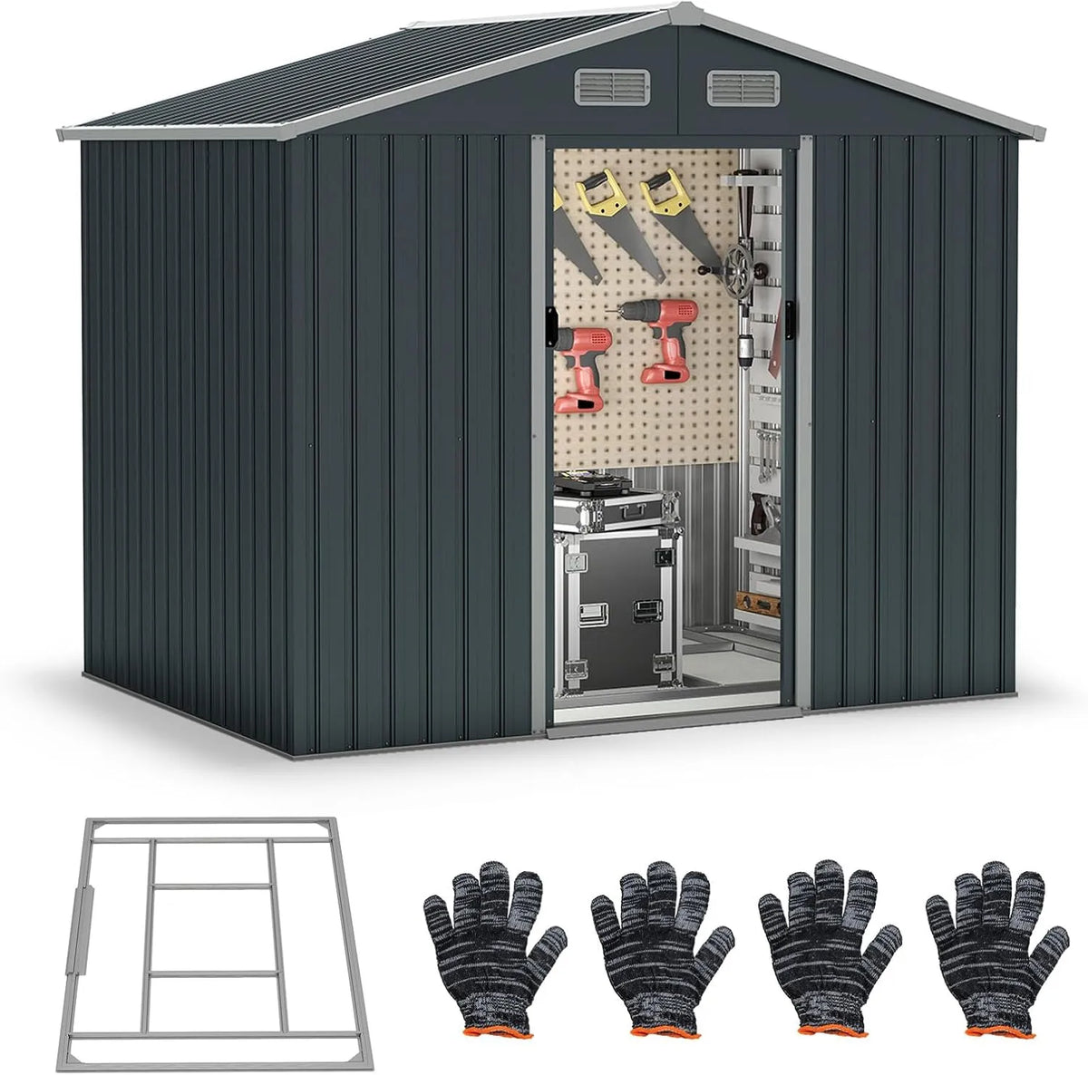 GOPLUS Abrigo de jardim em metal galvanizado 3,66 m² com telhado inclinado e ventilação, 7,17 m³, resistente ao tempo, portas deslizantes, Pátio 235x171x196 CM, cinzento