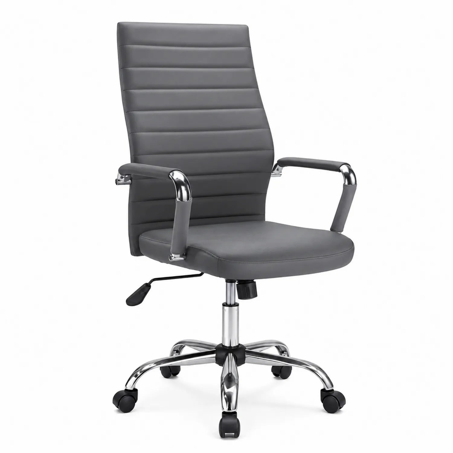 Silla de oficina giratoria de piel sintética gris con soporte cromado