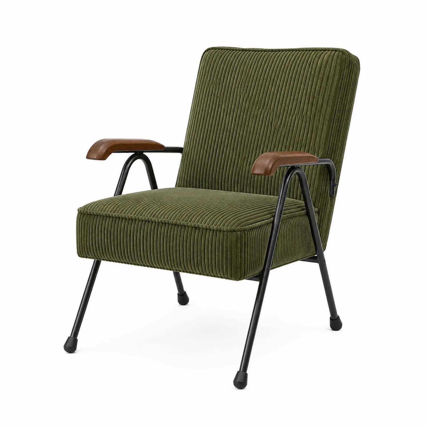 Silla de salón con tapizado de pana verde y estructura de metal negro
