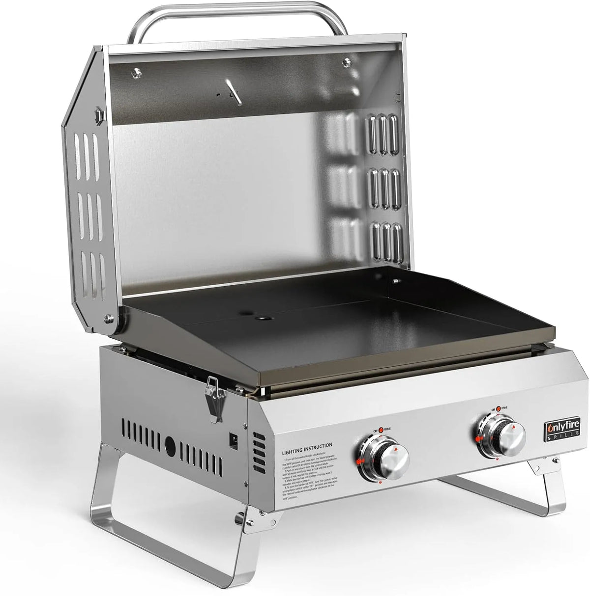 onlyfire Gas grill Aço inoxidável 2 queimadores com placa de cerâmica, compacto para campismo ao ar livre