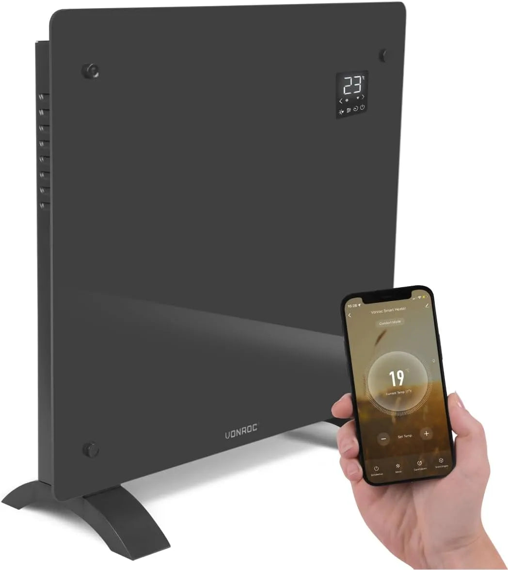 VONROC Radiador elétrico 1000 W Wi-Fi em vidro cinzento - termostato, timer e segurança infantil - silencioso, design para espaços de até 12 m²