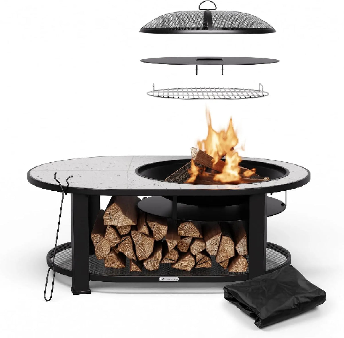 blumfeldt Merano Brasero 3 em 1 Ao ar livre com mesa e churrasco, Terrazzo Design, Aço sólido, À prova de faísca, Grelha e Tisonnier, Jardim e Terraço