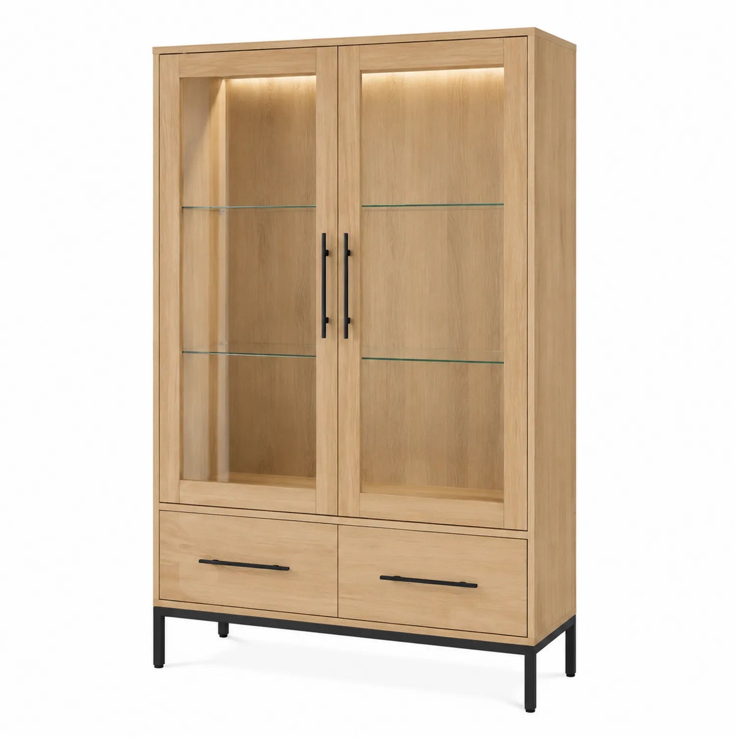 Vitrina de Madera con Puertas de Vidrio Templado y Cajones