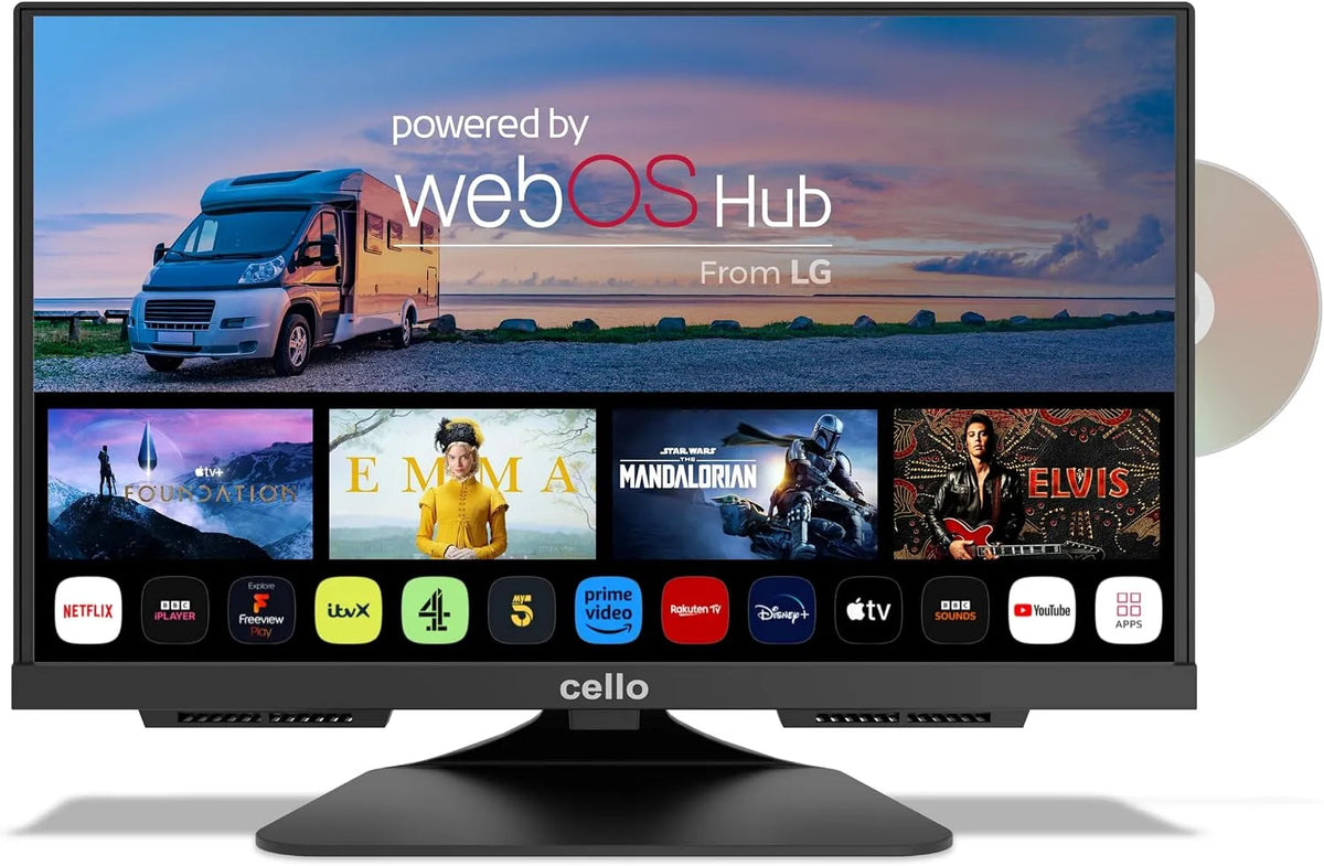 Cello TV integrada de 12 V de 19'' com DVD, WebOS, Bluetooth, ecrã sem moldura
