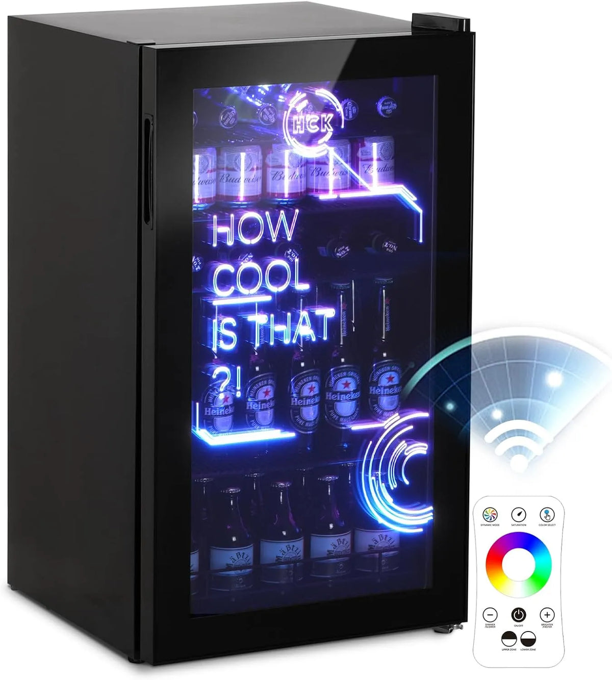 HCK Mini Frigorífico 98 L Silencioso com Cyberpunk Iluminação, Preto - Ideal para Bar, Jogo e Festa
